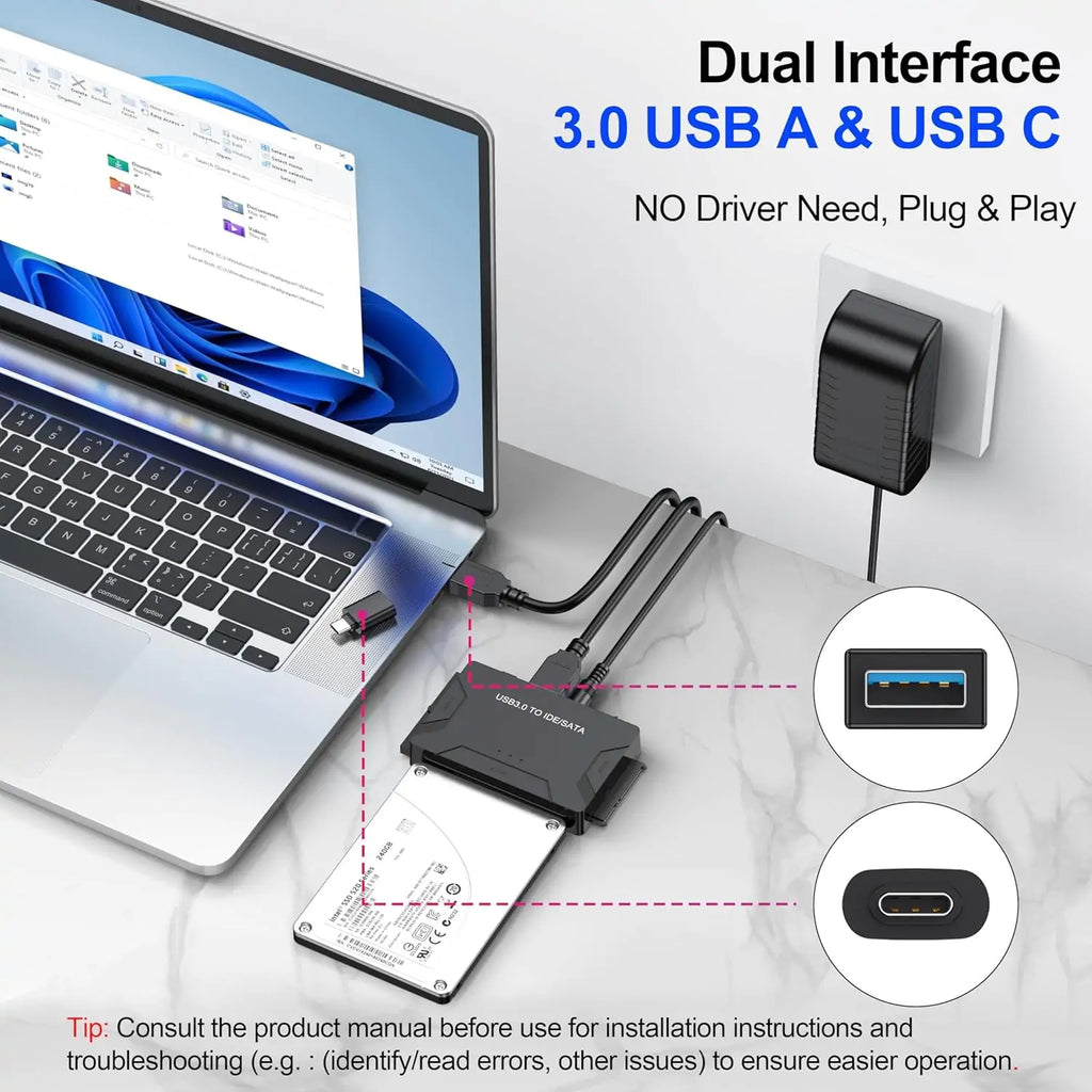 USB 3.0 to SATA/IDE Adapter, Hard Drive Reader - Detail View