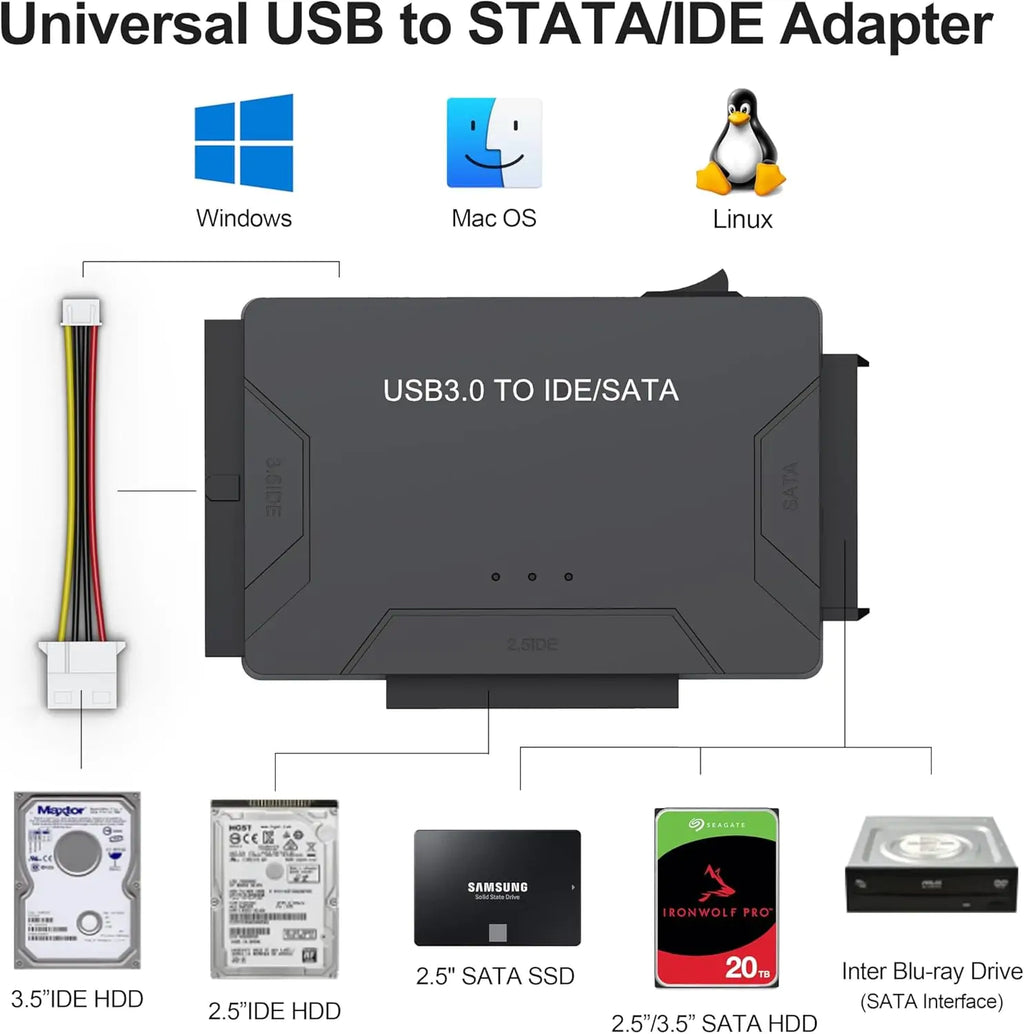 USB 3.0 to SATA/IDE Adapter, Hard Drive Reader - In Use