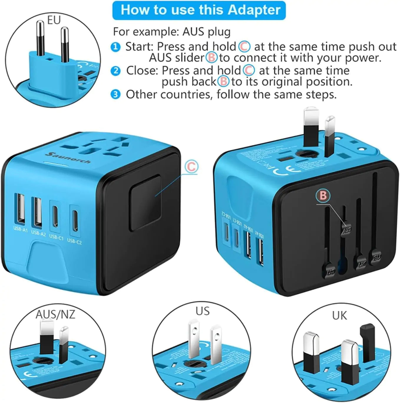 Universal Travel Adapter, 200+ Countries, 3 USB Ports - Detail View
