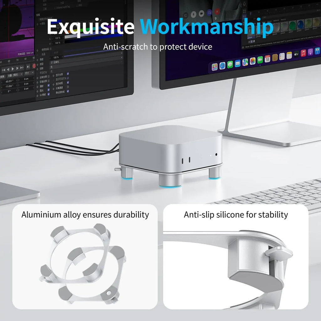 Mac Mini M4 Stand, Aluminium Desktop Holder - In Use