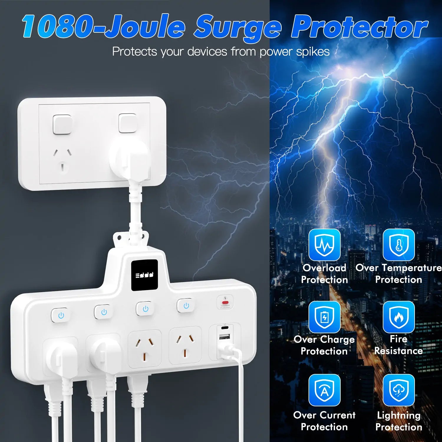 12-in-1 Power Board with LED Night Light, Individual Switch - Image 7