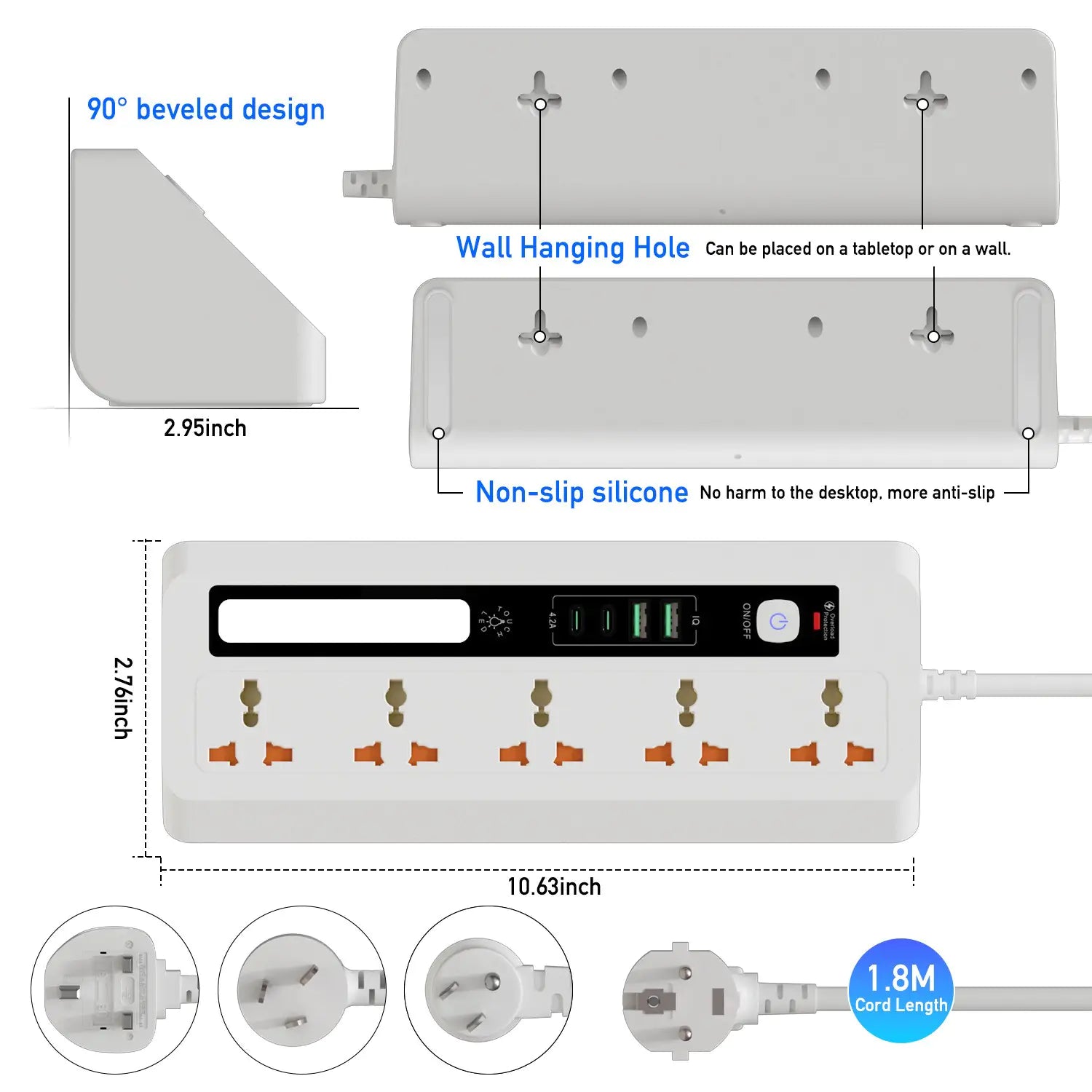 Surge Protected AU Power Board with 35W USB-C Fast Charge - Detail View