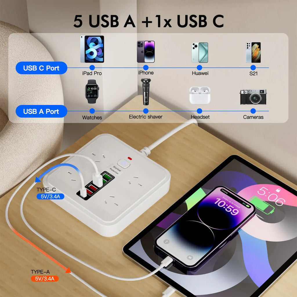 10-in-1 Power Board, Surge Protected, 4 AC + 6 USB - Detail View