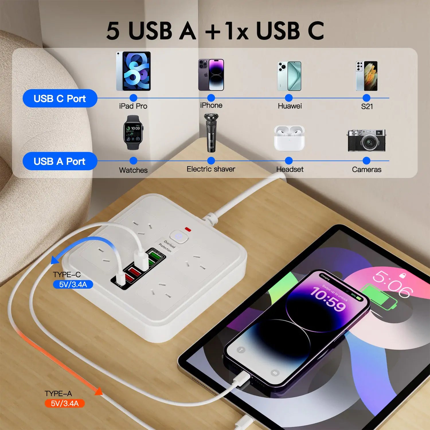 10-in-1 Power Board, Surge Protected, 4 AC + 6 USB - Detail View