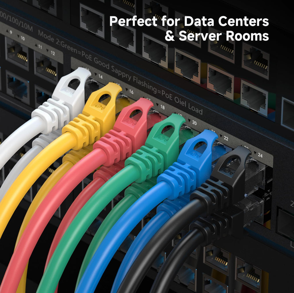 Ethernet patch cables connected to a server rack